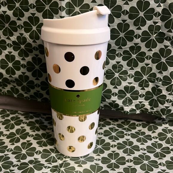NWT Kate Spade 16oz travel mug Tumbler gold polka dots - Picture 1 of 5